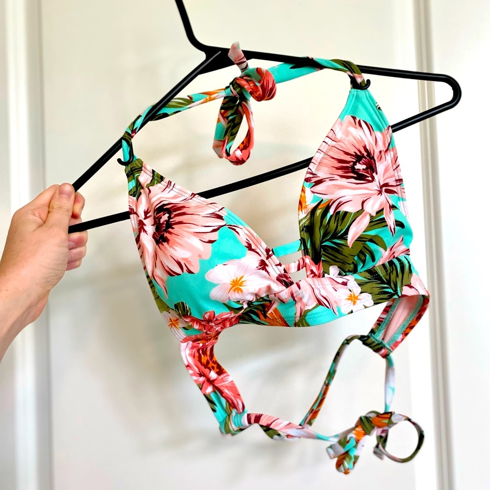 Kona Sol Swim Top | Size S | Pink flower print w/ turquoise | Tie top & back